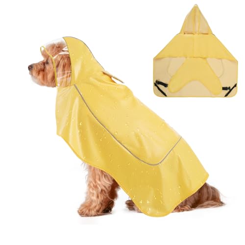 VavoPaw Hunde Regenmantel, Verstellbar Hund Regenmantel für Große, Mittlere und Kleine Hund, Wasserdicht Hundejacke mit Kapuze & Reflektorstreifen, Hunderegenmantel Poncho mit Magic Tape, Gelb, M von VavoPaw