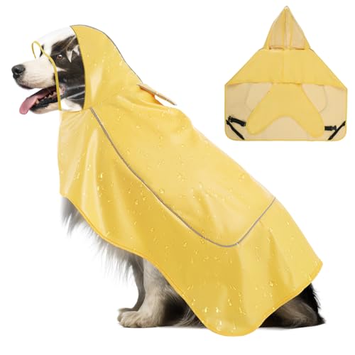 VavoPaw Hunde Regenmantel, Wasserdicht Hunderegenmantel für Große, Mittlere und Kleine Hund, Verstellbar Hundejacke mit Kapuze & Reflektorstreifen, Hunde Regenmantel Poncho mit Magic Tape, Gelb, 2XL von VavoPaw