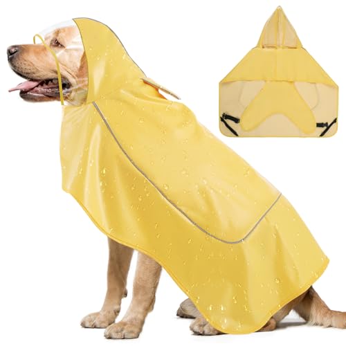 VavoPaw Hunde Regenmantel, Wasserdicht Hunderegenmantel für Große, Mittlere und Kleine Hund, Verstellbar Hundejacke mit Kapuze & Reflektorstreifen, Hunde Regenmantel Poncho mit Magic Tape, Gelb, 3XL von VavoPaw