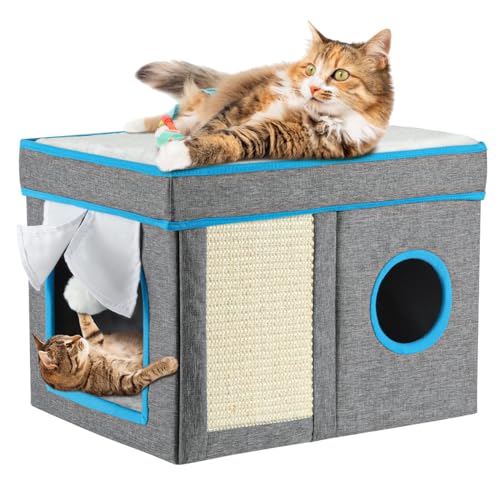 VavoPaw Katzenbetten für Indoor Katzen, Faltbare Katzenhöhle für Haustiere Katzenhaus mit Flauschigen Ball Hängen & Kratzmatte, Katze Versteck, 31x38x31 cm, Grau von VavoPaw