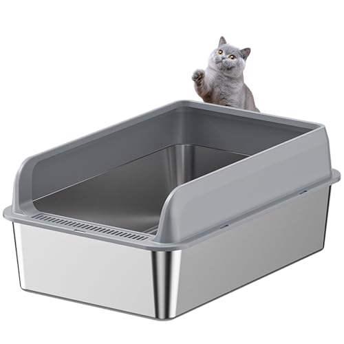 Katzentoilette aus Edelstahl mit hoher Seite, große Katzentoilette für große Katzen und mehrere Katzen, leicht zu reinigende und antihaftbeschichtete Metall-Kitty-Katzentoilette mit Schaufel (Grau) von Vayinana