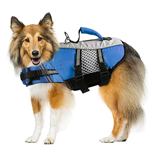 Schwimmweste für Hunde, verstellbar, reflektierend, mit Rettungsgriff, für kleine, mittelgroße und große Hunde (XXL, blau) von VeMee