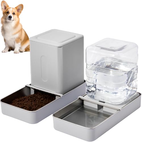 Vealind Automatisches Futterspender-Set für Haustiere, 3,8 l, Wasserspender und Futternäpfe mit Edelstahlnapf, große Trinkflaschen für Katzen und Hunde, 2 Stück von Vealind