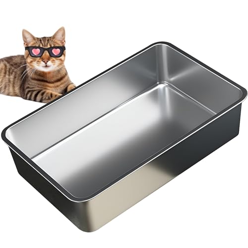 Vealind Katzentoilette aus Edelstahl, robust, 50 x 35 x 15 cm (L x B x H), Metall-Antihaft-Oberfläche, Katzentoilette für Katzen, auslaufsicher, leicht zu reinigen, offene Oberseite, große von Vealind