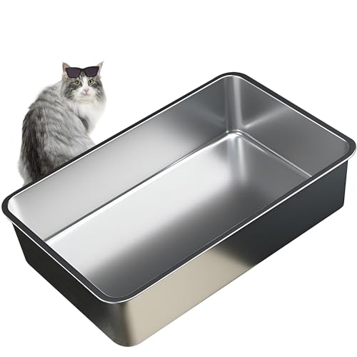 Vealind Katzentoilette aus Edelstahl, robust, 60 x 40 x 15 cm, Metall-Antihaftbeschichtung, auslaufsicher, leicht zu reinigen, offene Oberseite, Katzentoilette, Größe XL von Vealind