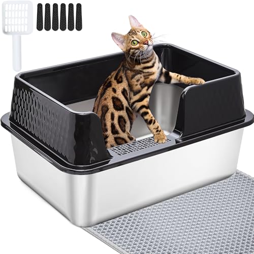 Vealind Edelstahl Katzenklo Metall Katzenstreu Tray Heavy Duty, High Sided katzentoilette Tray mit abnehmbarem Rand Gehäuse Robuste langlebige große Katzenstreu Pfanne von Vealind