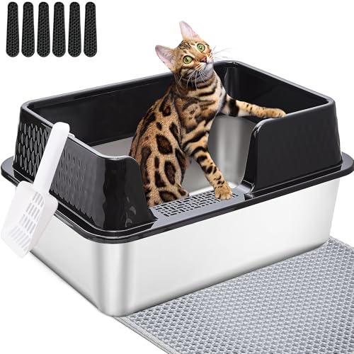 Vealind Edelstahl Katzenklo Metall Katzenstreu Tray Heavy Duty, High Sided katzentoilette Tray mit abnehmbarem Rand Gehäuse Robuste langlebige große Katzenstreu Pfanne von Vealind