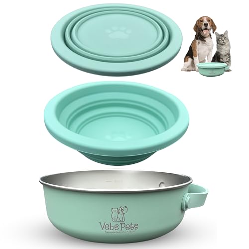 Vebs Pets - Edelstahl-Hundenapf, 850 ml, mit faltbarem Napfdeckel, 590 ml mit Griff, auslaufsicher, rutschfest, Futter- und Wassernäpfe für Hunde und Katzen, mittelgroße Hunde, tragbarer von Vebs Pets