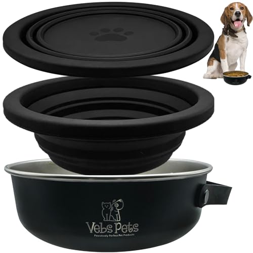 Vebs Pets - Edelstahl-Hundenapf 850 ml, mit faltbarem Napfdeckel, 590 ml mit Griff, auslaufsicher, rutschfest, Futter- und Wassernäpfe für Hunde und Katzen, mittelgroße Hunde, tragbarer von Vebs Pets