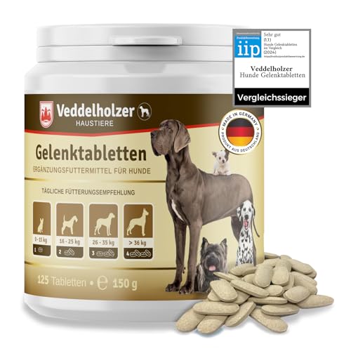 Veddelholzer VERGLEICHSSIEGER 2024 Hunde Gelenktabletten mit Grünlippmuschel Hund MSM & Teufelskralle Glucosamin & Kollagen 125 Kapseln Hunde Leckerlis von Veddelholzer