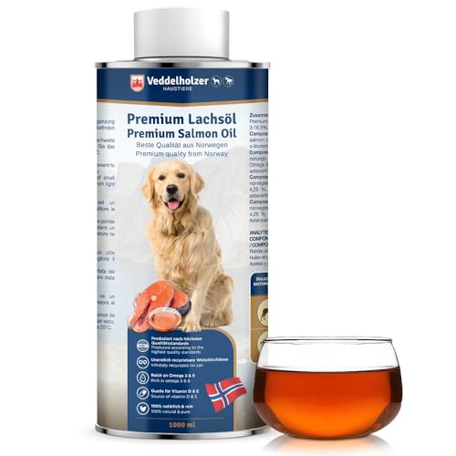 Veddelholzer Lachsöl für Hunde 1 Liter in recycelbarer Weißblechdose Ideale Hochwertige Nahrungsergänzung Mit Omega3 Fettsäuren & Vitamin E Nachhaltiges Fischöl für Hund Pferd & Umwelt von Veddelholzer