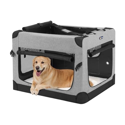 Veehoo 91,4 cm große, faltbare Hundebox mit 4 Türen, tragbar, zusammenklappbar, Reise-Hundebox für große Hunde, 5 x strapazierfähiges Netzgewebe, 600D-Oxford-Gewebe, für Innen- und Außenbereich, Grau, von Veehoo