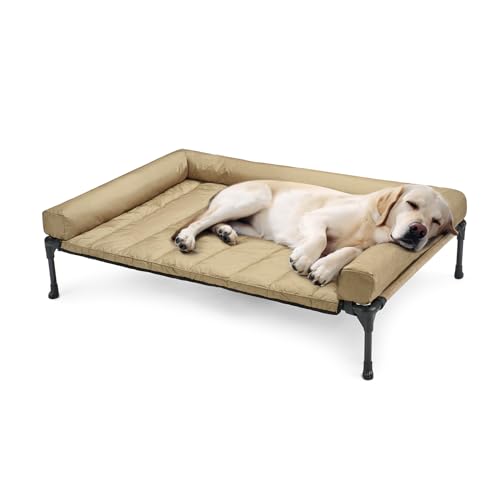 Veehoo Outdoor Hundeliege erhöht, Hundebett Erhöht mit abnehmbarem Bloster Kühlendes Erhöhtes Hundebett mit Atmungsaktivem Teslin-Netz für Haus und Garten, Beige 107 x 76 x 18cm von Veehoo