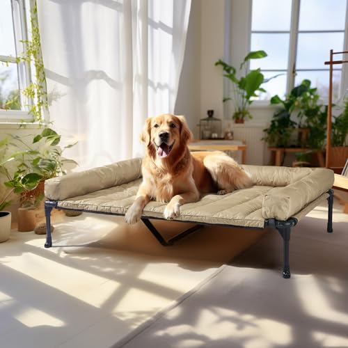 Veehoo Outdoor Hundeliege erhöht, Hundebett Erhöht mit abnehmbarem Bloster Kühlendes Erhöhtes Hundebett mit Atmungsaktivem Teslin-Netz für Haus und Garten, Beige 125 x 83 x 22.5cm von Veehoo