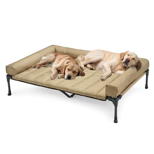 Veehoo Outdoor Hundeliege erhöht, Hundebett Erhöht mit abnehmbarem Bloster Kühlendes Erhöhtes Hundebett mit Atmungsaktivem Teslin-Netz für Haus und Garten, Beige 150 x 95 x 22.5cm von Veehoo