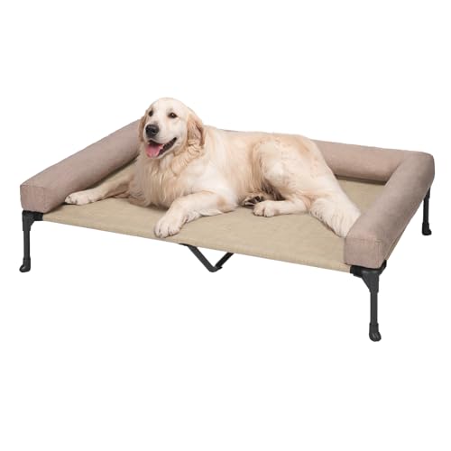 Veehoo Hundeliege Outdoor,ErhöHtes Hundebett Hundeliege Outdoor Grosse Hunde mit Abnehmbarem Bloster und Atmungsaktivem Teslin-Netz für Innen und Außen, Blasses Gold 125 x 83 x 22.5cm von Veehoo