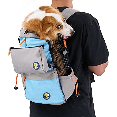 Veehoo Hundetragetasche mit Kordelzug, belüfteter Haustier-Rucksack für kleine, mittelgroße Hunde, tägliche Welpentrage für Spaziergänge, Sicherheit im Freien, bequem, leicht, XL, Grau und Blau von Veehoo