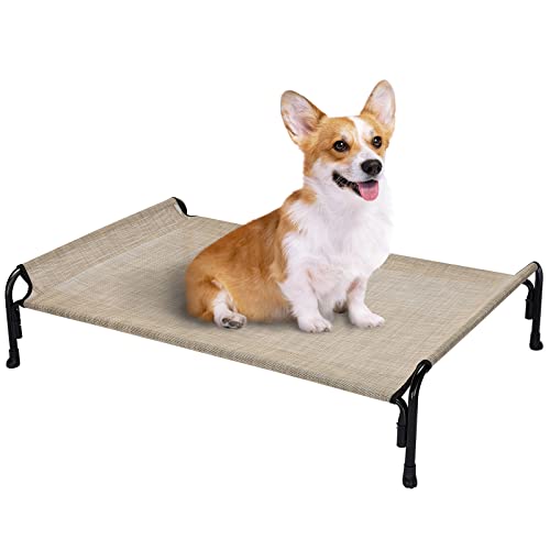 Veehoo Kühlendes Hundeliege Outdoor, Erhöhtes Hundebett für Mittelgroße Hunde, Tragbares Stehendes Haustierbett mit Waschbarem Atmungsaktivem Netz, rutschfeste Füße, Medium, Kaffeebeige von Veehoo