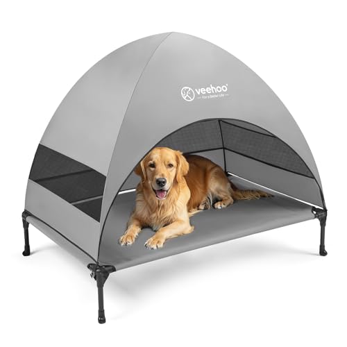 Veehoo Outdoor Hundebett mit Baldachin, Kühlendes erhöhtes Hundebett mit abnehmbarem Schatten, Anti-Rutsch-Füße, erhöhtes Hundebett für große Hunde, Hundezeltbett für Camping, Strand, Groß, Grau, von Veehoo