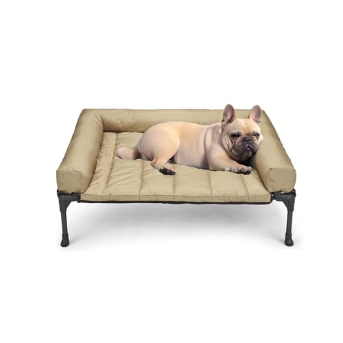 Veehoo Outdoor Hundeliege erhöht, Hundebett Erhöht mit abnehmbarem Bloster Kühlendes Erhöhtes Hundebett mit Atmungsaktivem Teslin-Netz für Haus und Garten, Beige 81 x 64 x 18cm von Veehoo