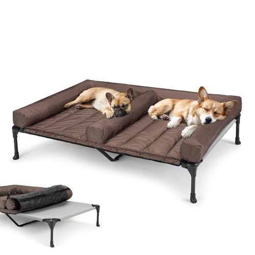 Veehoo Outdoor Hundeliege erhöht, Hundebett Erhöht mit abnehmbarem Bloster für 2 Hunde Kühlendes Erhöhtes Hundebett mit Atmungsaktivem Teslin-Netz für Haus und Garten, Grau 125 x 83 x 23cm von Veehoo