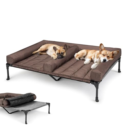 Veehoo Outdoor Hundeliege erhöht, Hundebett Erhöht mit abnehmbarem Bloster für 2 Hunde Kühlendes Erhöhtes Hundebett mit Atmungsaktivem Teslin-Netz für Haus und Garten, Schwarz Silber 125 x 83 x 23cm von Veehoo