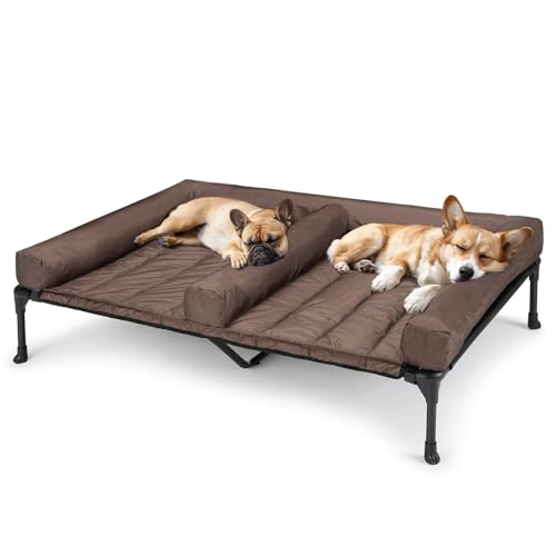 Veehoo Outdoor Hundeliege erhöht, Hundebett Erhöht mit abnehmbarem Bloster für 2 Hunde Kühlendes Erhöhtes Hundebett mit Atmungsaktivem Teslin-Netz für Haus und Garten, Schwarz Silber 150 x 95 x 23cm von Veehoo