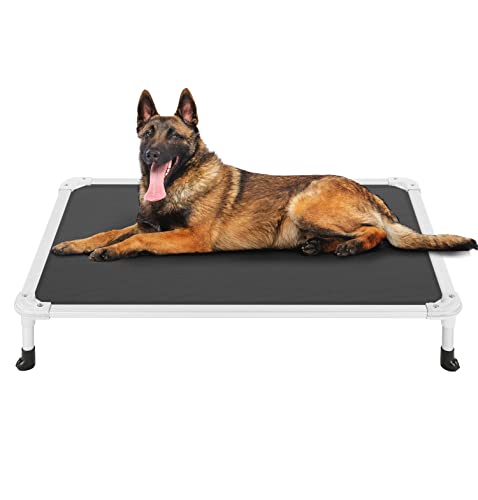 Veehoo Hundeliege Outdoor, Hundebett Outdoor Erhöhtes Hundebett Kühlendes Erhöhtes Haustierbett Silberner Aluminiumrahmen und Teslin Netzgewebe, rutschfeste Füße für Drinnen und Draußen, Schwarz von Veehoo