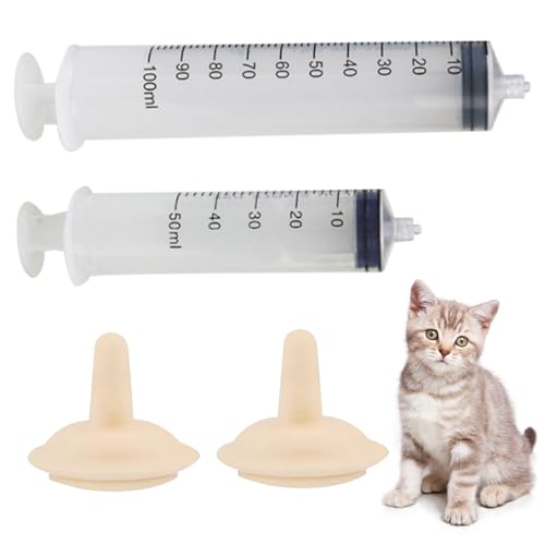 Veesper Miracle Nippel für Kätzchen, Brustwarzenspritze Kätzchen Fütterungsflasche 2pcs 50 ml+100 ml Fütterungsspritze für Katzen, sicherer Silikonkatze, Anti-Kanal-Welpenflaschen für Pflege,L von Veesper