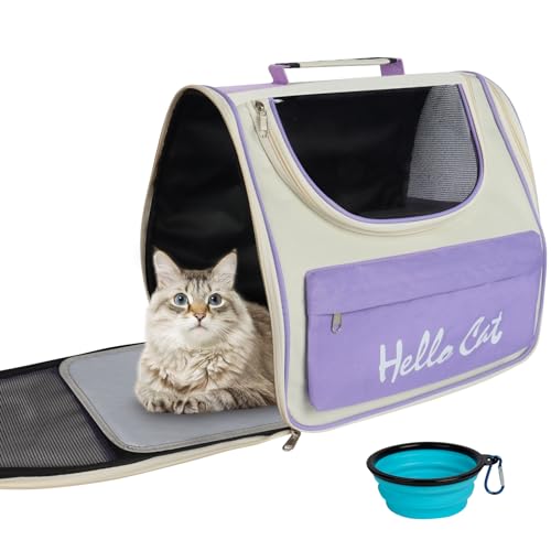 Katzenrucksack Katzentransporttasche Hunderucksack bis 7.5kg Tragbar Katzentasche Katzenrucksack Große Katzen Atmungsaktiv Haustier Rucksack mit Mehrere Eingänge, Sichtbare Fenster, Reisenäpfe (Lila) von Vefhby