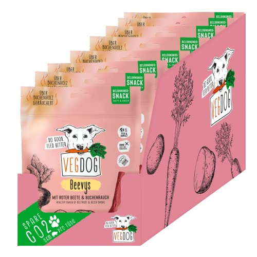 VEGDOG Beevys hypoallergener Snack für Hunde (9 x 80 g) | leckeres Aroma mit Buchenholz Rauch |Belohnungssnack für Allergiker mit Roter Beete und Reis von VEGDOG