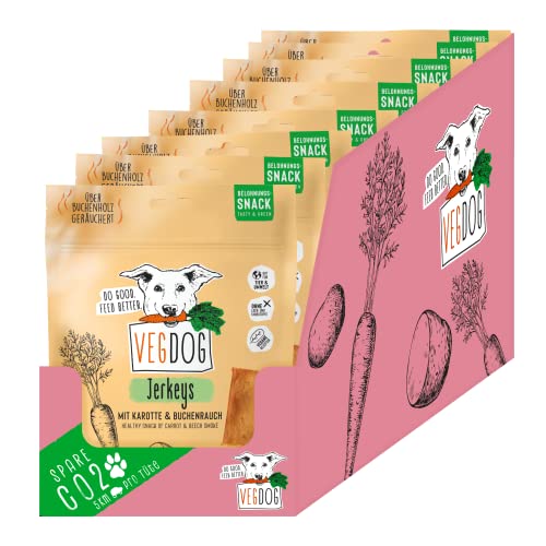 VEGDOG Jerkeys hypoallergener Snack für Hunde (9 x 80 g) | leckeres Aroma mit Buchenholz Rauch |Belohnungssnack für Allergiker mit Karotte und Gemüse von VEGDOG