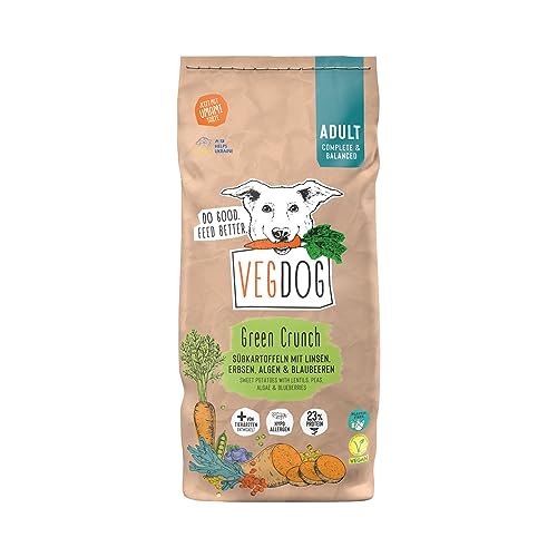 VEGDOG Green Crunch hypoallergenes Trockenfutter (5 kg) | Adulte Hunde| ohne Gluten, Getreide und Soja | Alleinfutter für Allergiker mit Erbsenprotein von VEGDOG