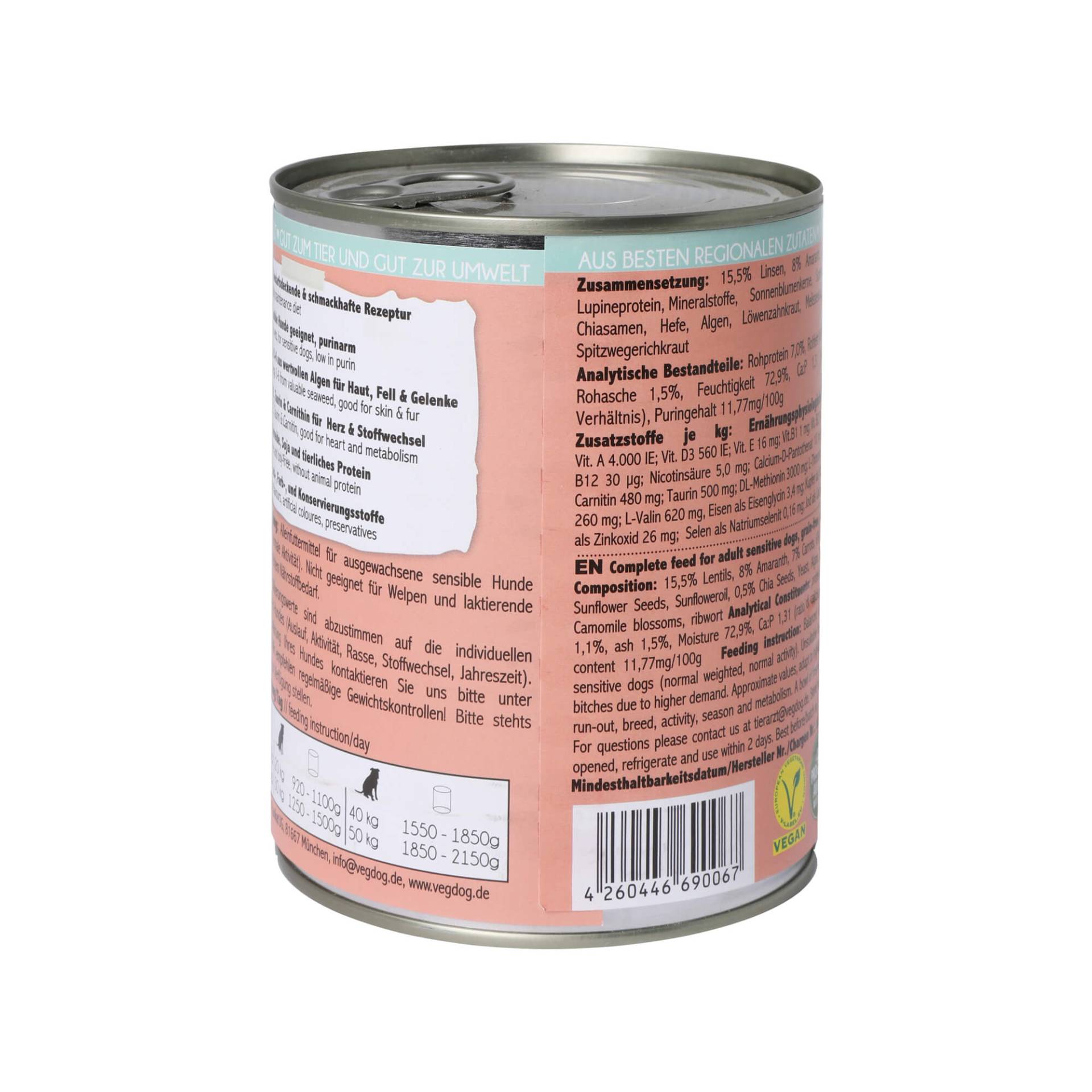 Vegdog Sensibelchen No1 Hundefutter - Dose 6 x 400 g von Vegdog