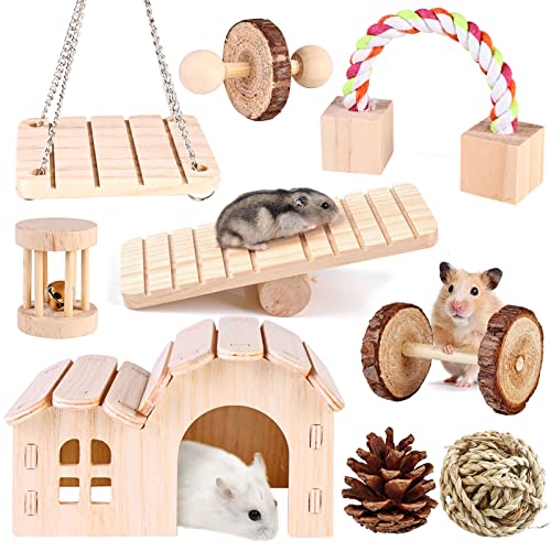 Hamster Kauspielzeug, 9 Stück Hamster Spielzeug Natürliches Kiefernholz, Kleintiere Kauspielzeug, Molar Spielzeug Holz Übung Glockenrolle Spielzeug Zubehör für Meerschweinchen Chinchillas Rennmäuse von Vegena