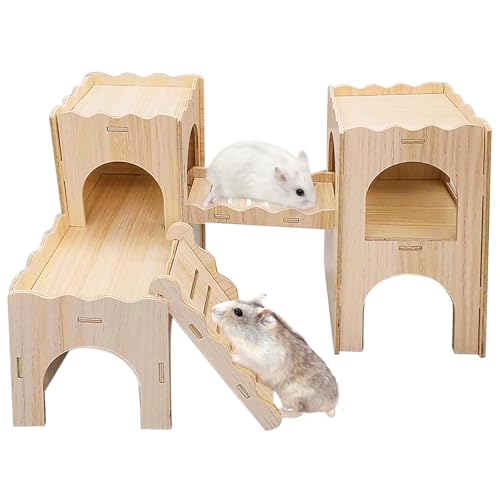 Hamsterhaus, Hamster Haus aus Holz, Mehrkammernhaus Hamster Groß, Hamster Eckhaus Holz Hamster Versteck, Zwerghamster Zubehör für Den Käfig für Rennmäuse Ratten Meerschweinchen von Vegena