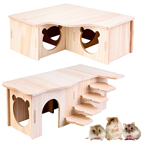 Vegena 2 Stück Hamster Haus, Hamster Haus aus Holz, Hamster Mehrkammernhaus, Hamster Eckhaus Holz Hamsterhaus Hamster Versteck, Zwerghamster Zubehör für Den Käfig für Rennmäuse Ratten Meerschweinchen von Vegena