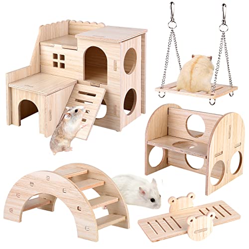Vegena 5 Stück Spielzeug für Hamster aus Holz - DIY Hamster Spielzeug - Hamster Versteck Haus Brücke Wippe Schaukel Trainingspielzeug, Hamster Zubehör für Den Käfig für Rennmäuse Ratten Zwerghamster von Vegena