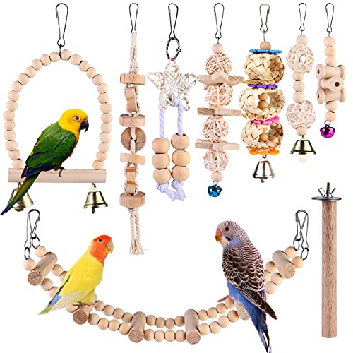 Vogelspielzeug - Papageienspielzeug, 9 Stück Vogelkäfig Schaukelspielzeug, Kauspielzeug Vögel Spielzeug, Vogelkäfig Zubehör, Holz Sitzstangen Plattform für Wellensittich,Aras,Finken，Nymphensittiche von Vegena