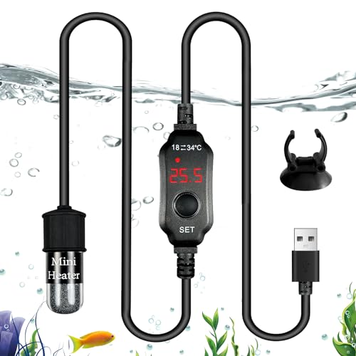 Vegena Aquarium Heizung, Kleiner Tauchheizstrahler für Aquarium, Digital Anzeige Aquariumheizer 10W 5V 2A, Temperatur Einstellbare Aquarium Heizer, USB Aquarium Heizstab mit Saugnäpfen für Fischtanks von Vegena