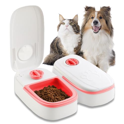 Vegena Futterautomat Katze, 350ml*2 Automatischer Futterspender, Katzen Hund Futterautomaten, Futterautomat Hunde Katzen Futterautomaten Für Kleine/Große Welpenkätzchen Für 2 Mahlzeiten Rosa von Vegena