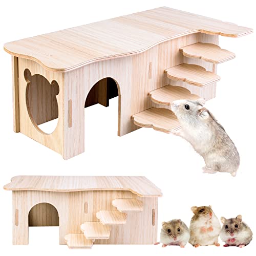 Vegena Hamster Eckhaus - Holz Hamsterhaus mit Treppen, Hamster Haus Holz Hamster Versteck Käfig Dekor Zubehör für Rennmäuse, Degus, Stachelmäuse, Zwerghamster (27 * 15 * 10.5cm) von Vegena