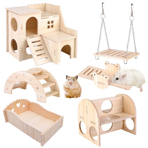 Vegena Hamsterspielzeug-Set, 6-teiliges Hamsterspielzeug-Set, Holzkiefer, Meerschweinchen, Spielzeug, inklusive Holz-Hamsterhaus, Wippbrücke und Schaukel, Holzspielzeug für Hamster, Hasen, kleine von Vegena