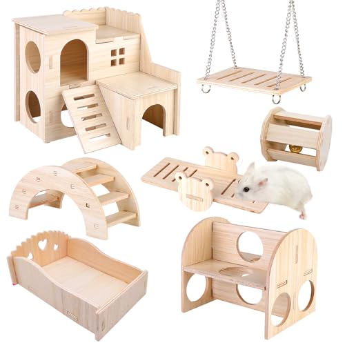 Vegena Hamsterspielzeug-Set, 7-teiliges Hamsterspielzeug-Set, Holzkiefer, Meerschweinchen, Spielzeug, inklusive Holz-Hamsterhaus, Wippbrücke und Schaukel, Holzspielzeug für Hamster, Hasen, kleine von Vegena