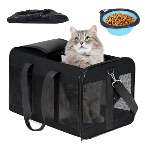 Vegena Transportbox Katze Hund Katzentransportbox Hundebox Faltbar Hundetransportbox Katzen Transportboxen Hundetasche Katzenbox Katzentransporttasche Inkl. Hundenapf, 42 x 27 x 28 cm (Schwarz) von Vegena