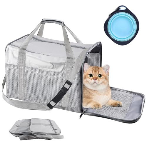 Vegena Transportbox Katze Hund Katzentransportbox Hundebox Faltbar Hundetransportbox Katzen Transportboxen Hundetasche Katzenbox Katzentransporttasche Inkl. Hundenapf, 42 x 27 x 28 cm (grau) von Vegena