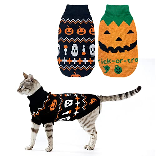 Vehomy Halloween-Pullover für Haustiere, für Hunde, Halloween-Kürbis-Pullover, Kätzchen, Katze, Urlaubsthema, Rollkragenpullover, Hemd mit Kürbis-Schädel-Muster, für kleine Hunde, Größe M, 2 Stück von Vehomy