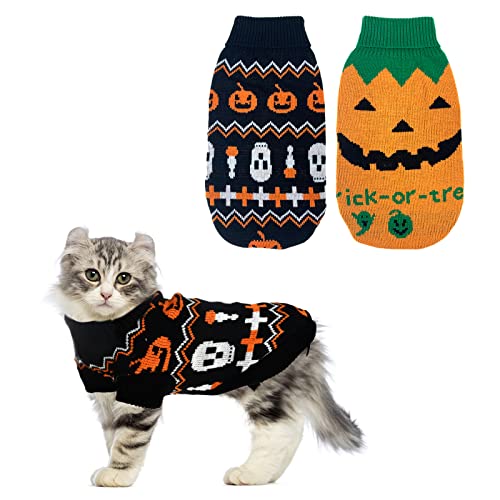 Vehomy Halloween-Pullover für Haustiere, für Hunde, Halloween-Kürbis-Pullover, Kätzchen, Katze, Urlaubsthema, Rollkragen-Strickwaren, Hemd mit Kürbis-Totenkopf-Muster, für kleine Hunde, Größe XS, 2 von Vehomy