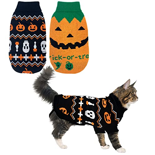 Vehomy Halloween-Pullover für Haustiere, für Hunde, Halloween-Kürbis-Pullover, Kätzchen, Katze, Urlaubsthema, Rollkragen-Strickwaren, Hemd mit Kürbis-Totenkopf-Muster, für kleine Hunde, Größe L, 2 von Vehomy