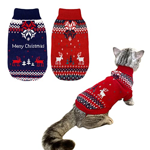 Vehomy 2 Stück Haustier-Weihnachtspullover für Hunde, Weihnachten, Kätzchen, Katze, Rollkragen, Strickwarenhemd mit Schneeflocken-Elch-Muster, Hunde, Welpen, Kostüm für kleine Hunde, L von Vehomy